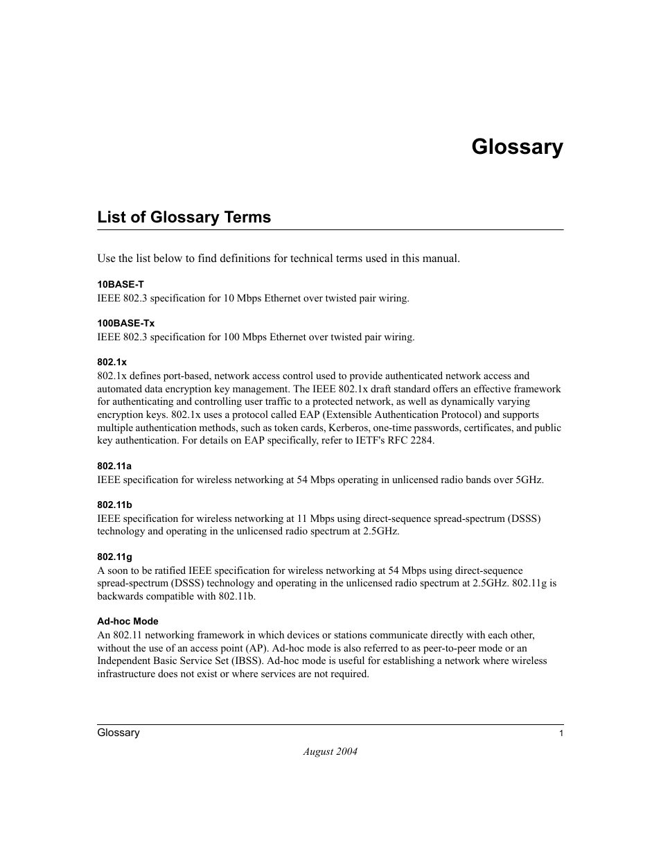 Glossary, List of glossary terms | NETGEAR Double 108 Mbps Wireless PC Card WG511U User Manual | Page 87 / 95