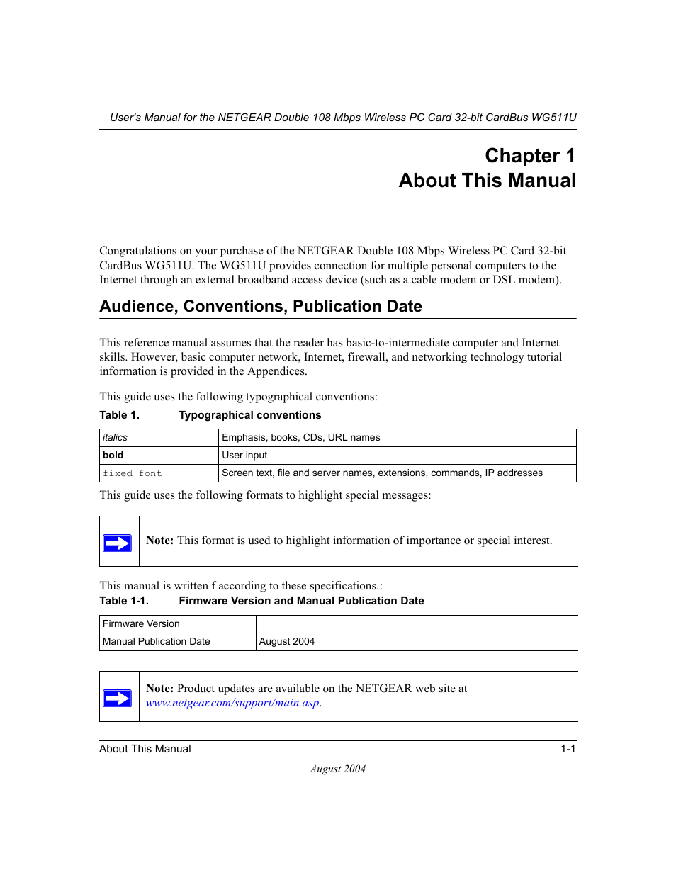 Chapter 1 about this manual, Audience, conventions, publication date, Chapter 1 | About this manual, Audience, conventions, publication date -1 | NETGEAR Double 108 Mbps Wireless PC Card WG511U User Manual | Page 9 / 95