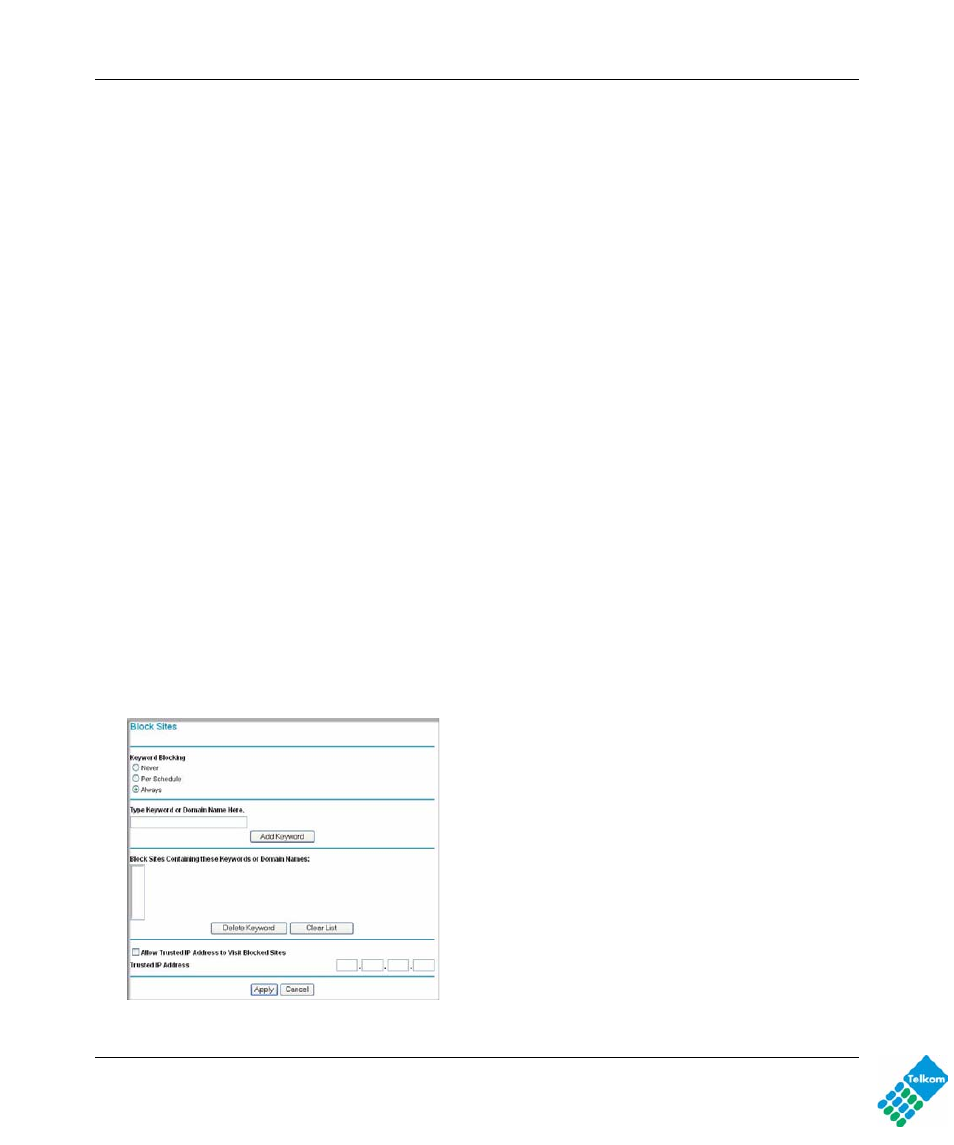 Blocking keywords, sites, and services, Blocking keywords and sites | NETGEAR DG834GUV5 User Manual | Page 43 / 120