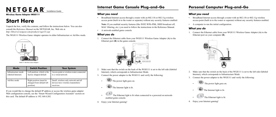 NETGEAR 54 Mbps Wireless Game Adapter WGE111 User Manual | 2 pages