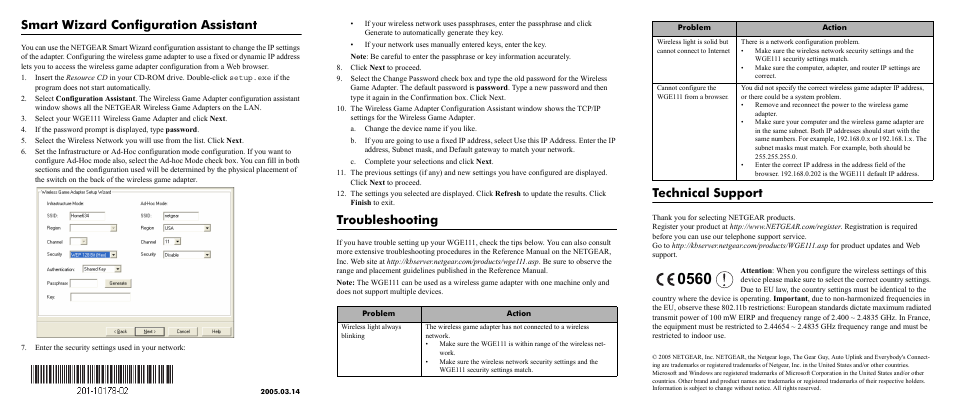 Smart wizard configuration assistant, Troubleshooting, Technical support | NETGEAR 54 Mbps Wireless Game Adapter WGE111 User Manual | Page 2 / 2