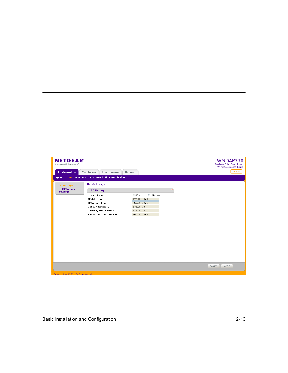 Setting basic ip options, Setting basic ip options -13, Setting basic ip options” on | NETGEAR ProSafe WNDAP330 User Manual | Page 39 / 142