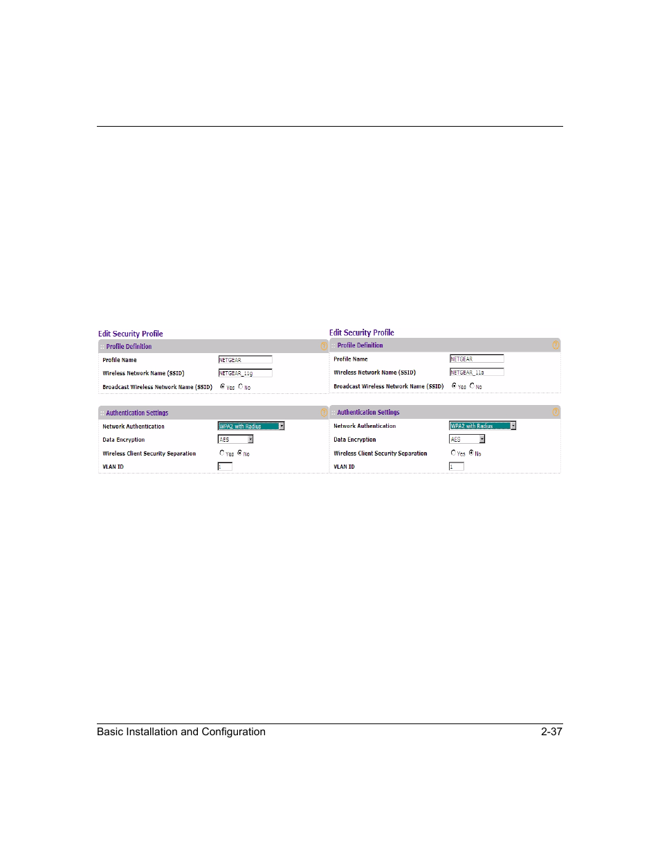 Configuring wpa2 with radius, Configuring wpa2 with radius -37, Configuring wpa2 with radius” on | NETGEAR ProSafe WNDAP330 User Manual | Page 63 / 142
