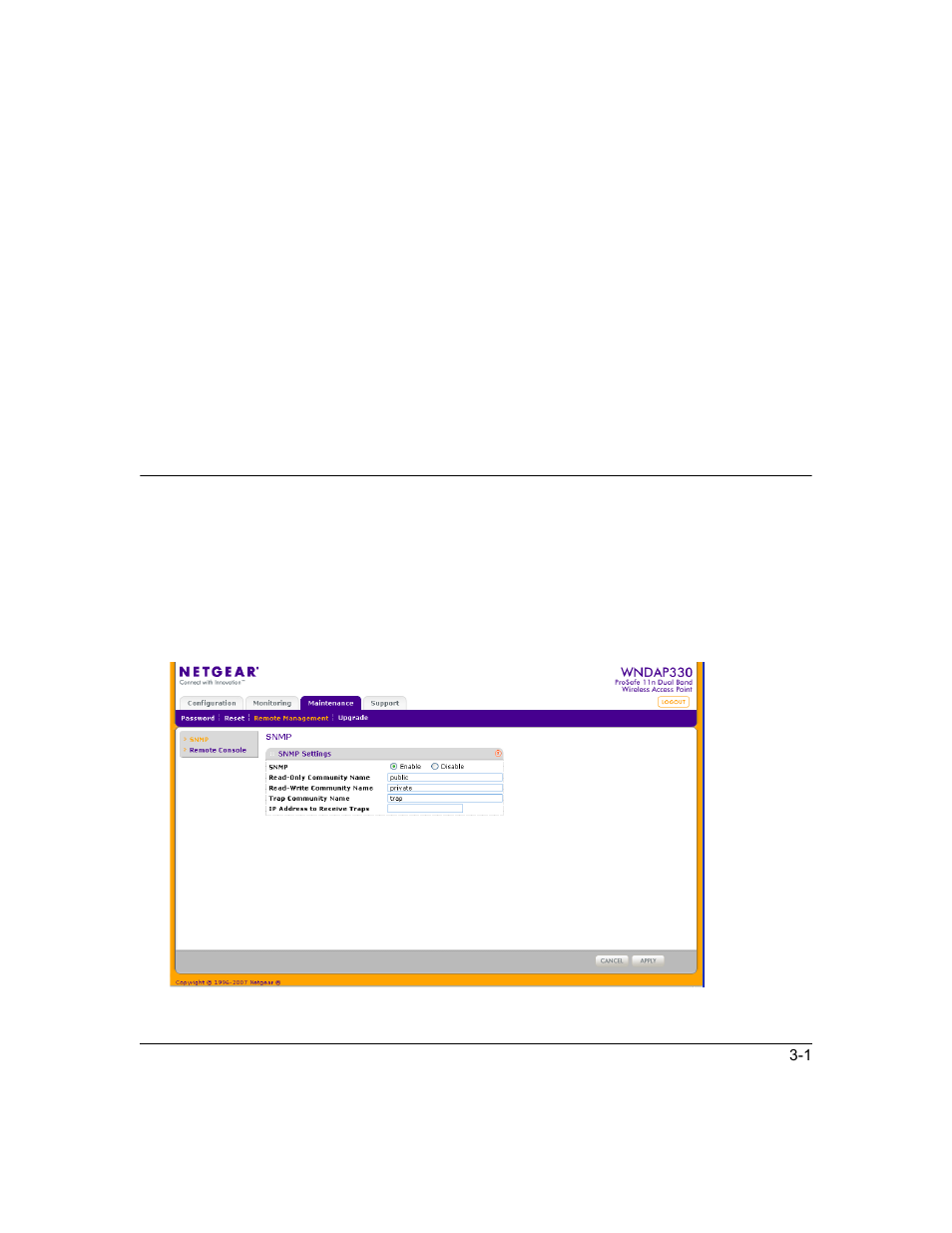 Chapter 3 management, Remote management, Chapter 3 | Management, Remote management -1 | NETGEAR ProSafe WNDAP330 User Manual | Page 71 / 142
