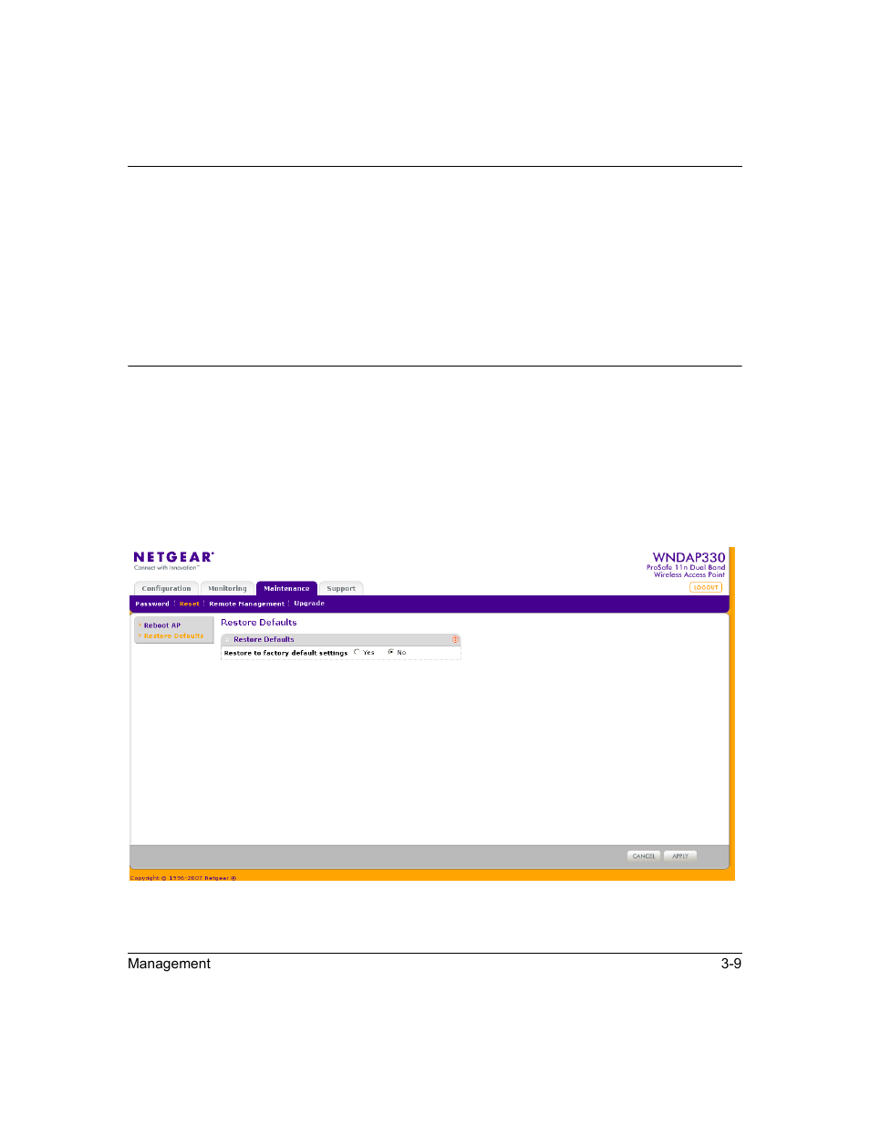 Restoring the configuration, Restoring the configuration -9 | NETGEAR ProSafe WNDAP330 User Manual | Page 79 / 142