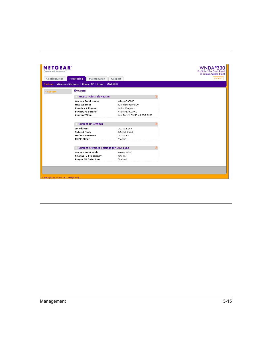 Viewing network traffic statistics, Viewing network traffic statistics -15, Figure 3-11 | NETGEAR ProSafe WNDAP330 User Manual | Page 85 / 142