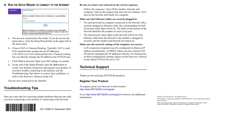 Troubleshooting tips, Technical support | NETGEAR FVS328 User Manual | Page 2 / 2