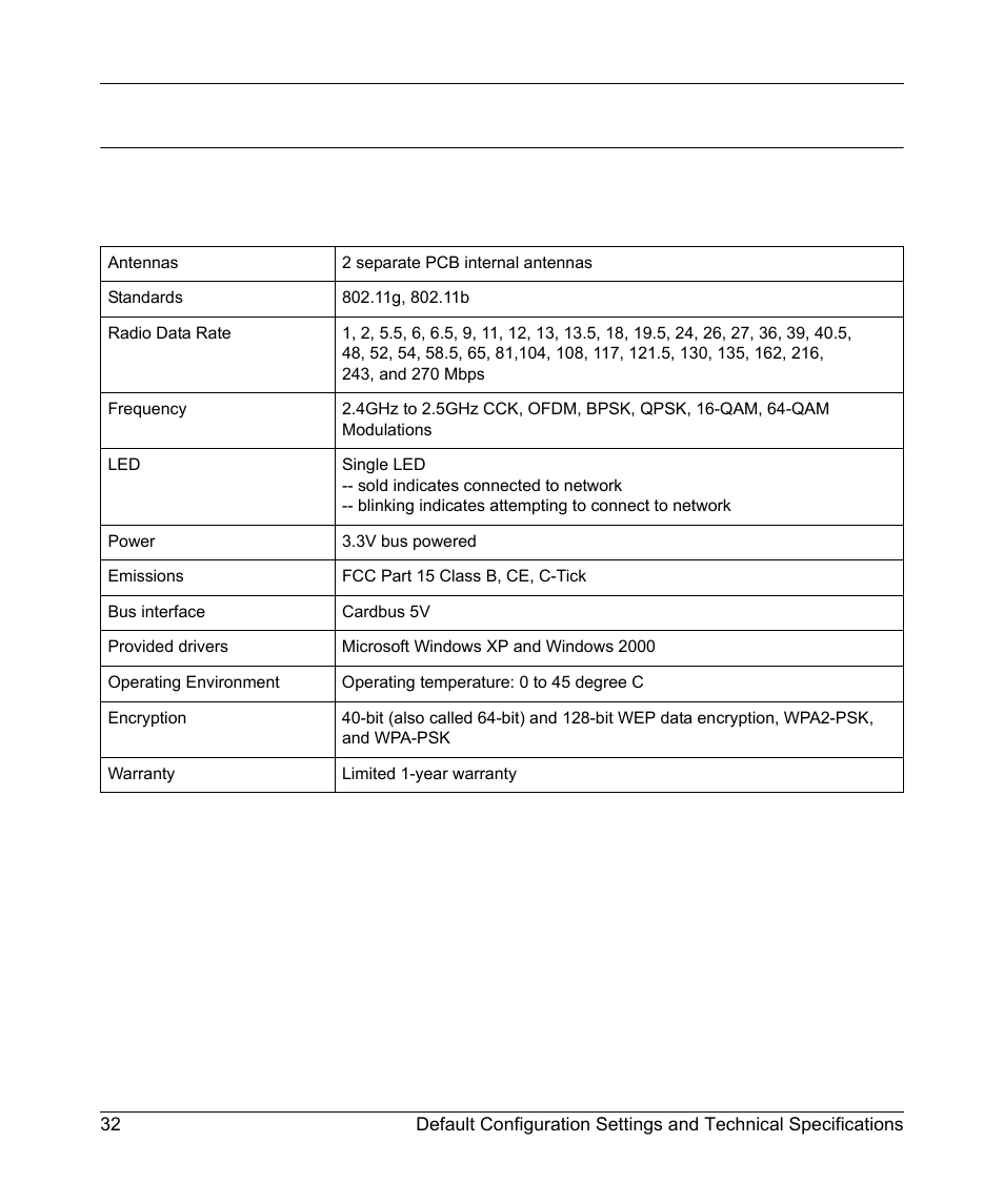 Technical specifications | NETGEAR WN511T User Manual | Page 40 / 42