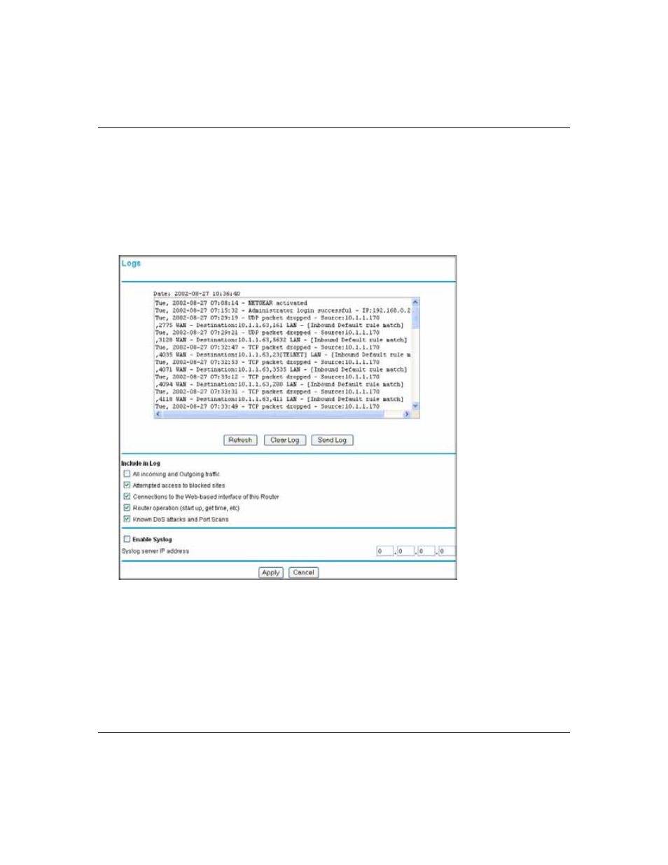 Viewing, selecting, and saving logged information | NETGEAR Cable/DSL ProSafe Firewall FR328S User Manual | Page 67 / 135