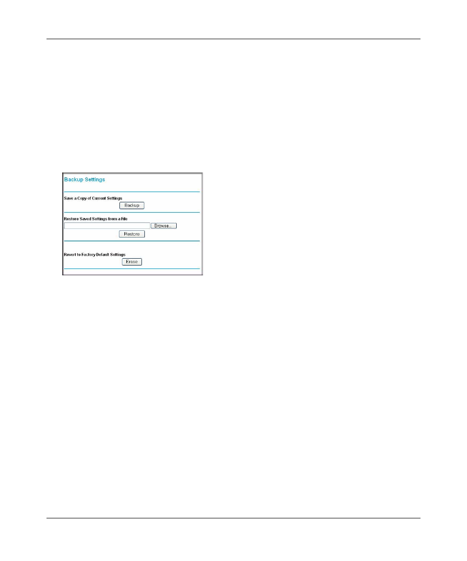 Backup settings, Backing up the configuration to a file, Restoring the configuration from a file | Backup settings -5 | NETGEAR MBM621 User Manual | Page 23 / 40