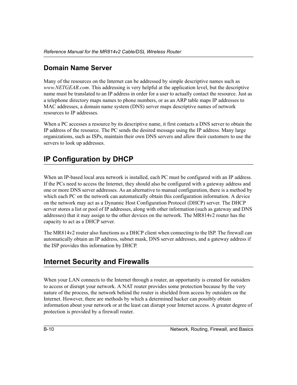 Domain name server, Ip configuration by dhcp, Internet security and firewalls | Configuration by dhcp | NETGEAR MR814v2 User Manual | Page 100 / 142