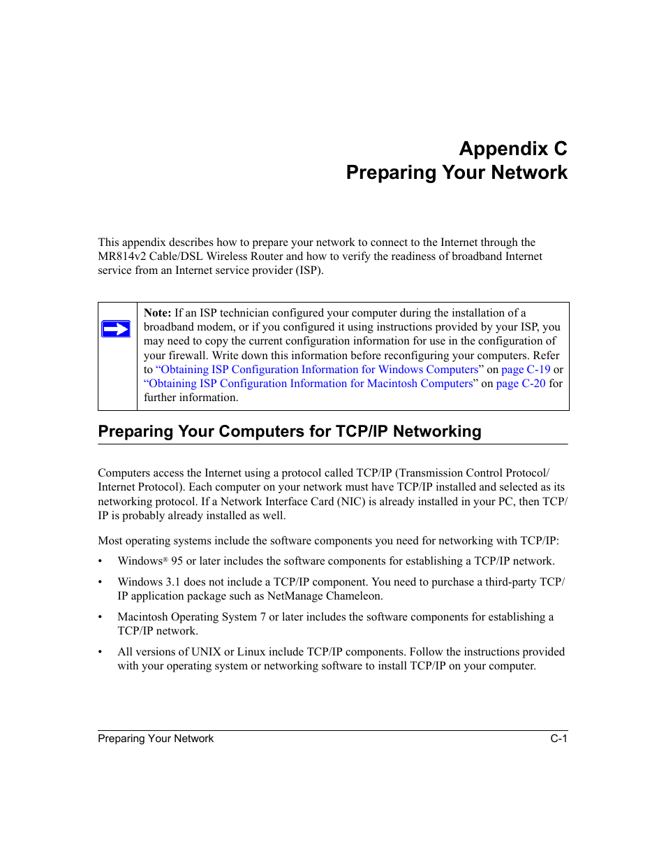 Appendix c preparing your network, Preparing your computers for tcp/ip networking, Appendix c | Preparing your network, Appendix c, “preparing your network | NETGEAR MR814v2 User Manual | Page 105 / 142