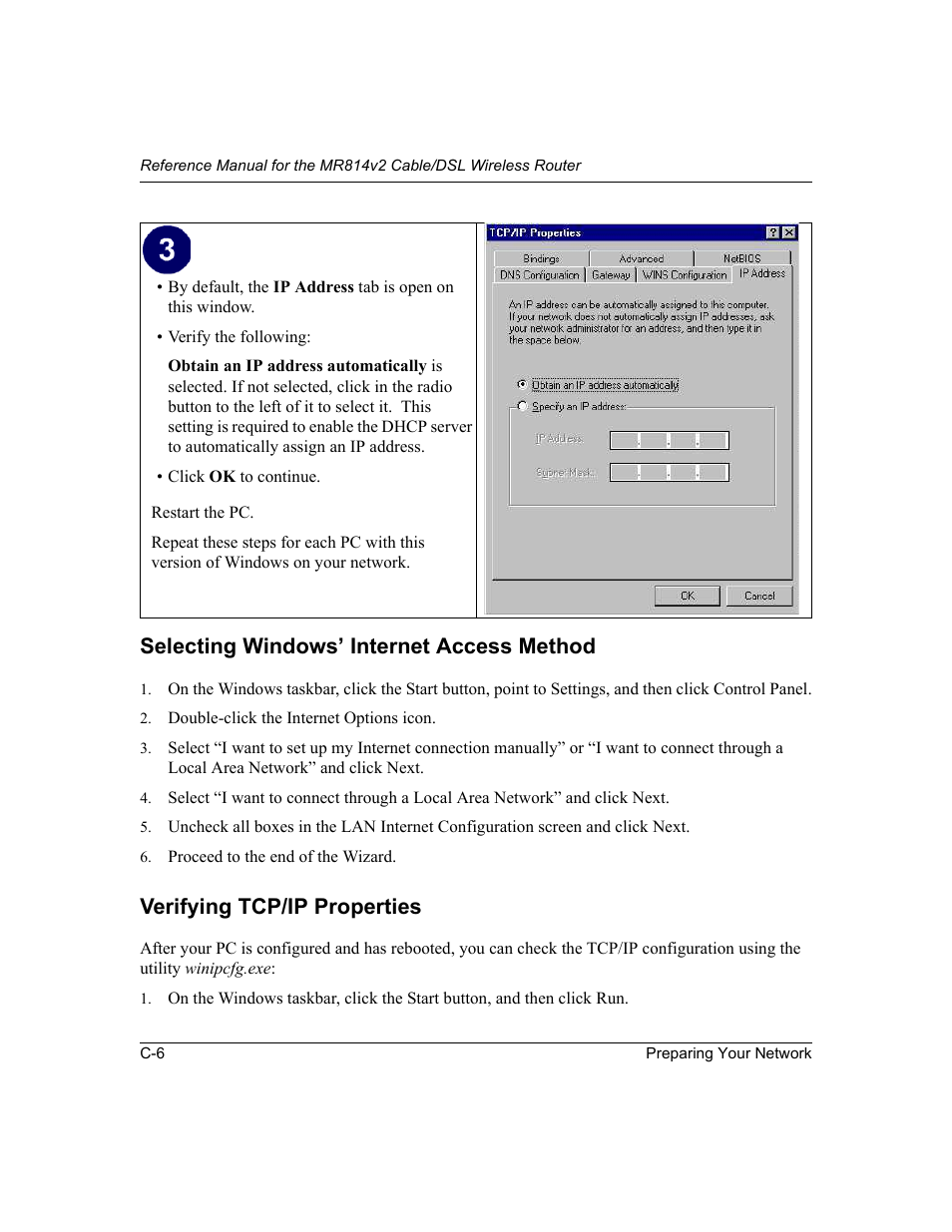 Selecting windows’ internet access method, Verifying tcp/ip properties | NETGEAR MR814v2 User Manual | Page 110 / 142