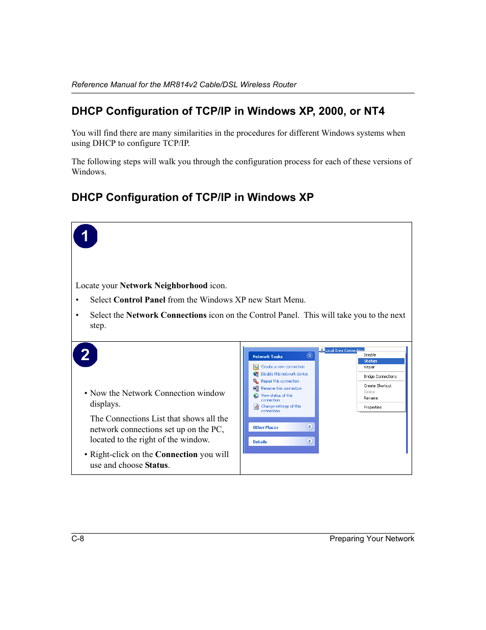 Dhcp configuration of tcp/ip in windows xp | NETGEAR MR814v2 User Manual | Page 112 / 142