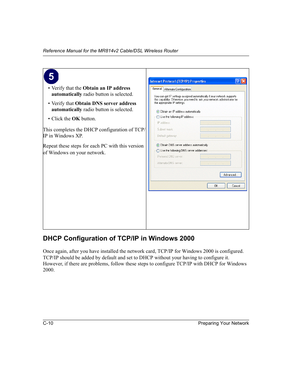 Dhcp configuration of tcp/ip in windows 2000 | NETGEAR MR814v2 User Manual | Page 114 / 142