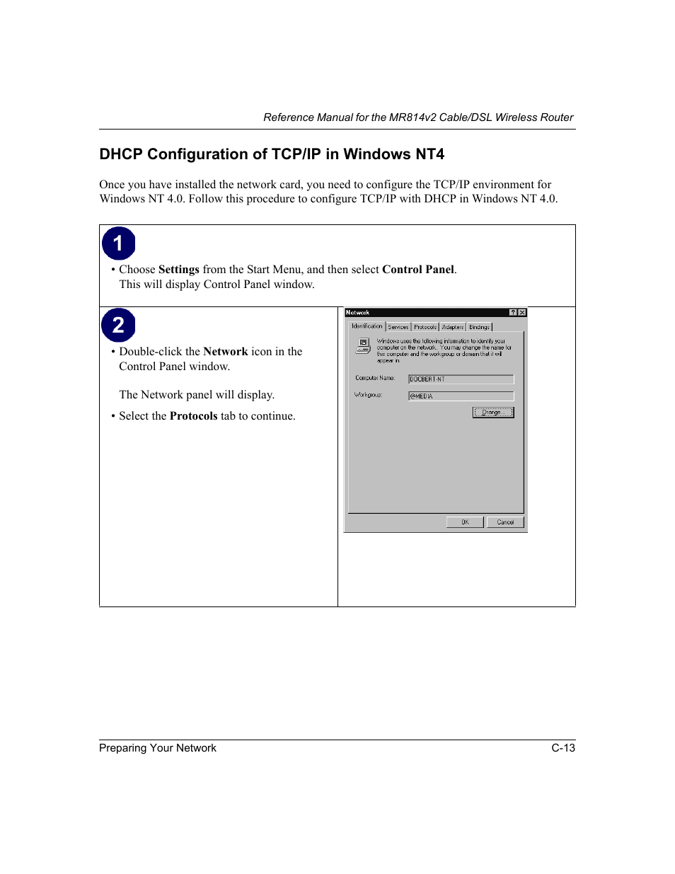 Dhcp configuration of tcp/ip in windows nt4 | NETGEAR MR814v2 User Manual | Page 117 / 142