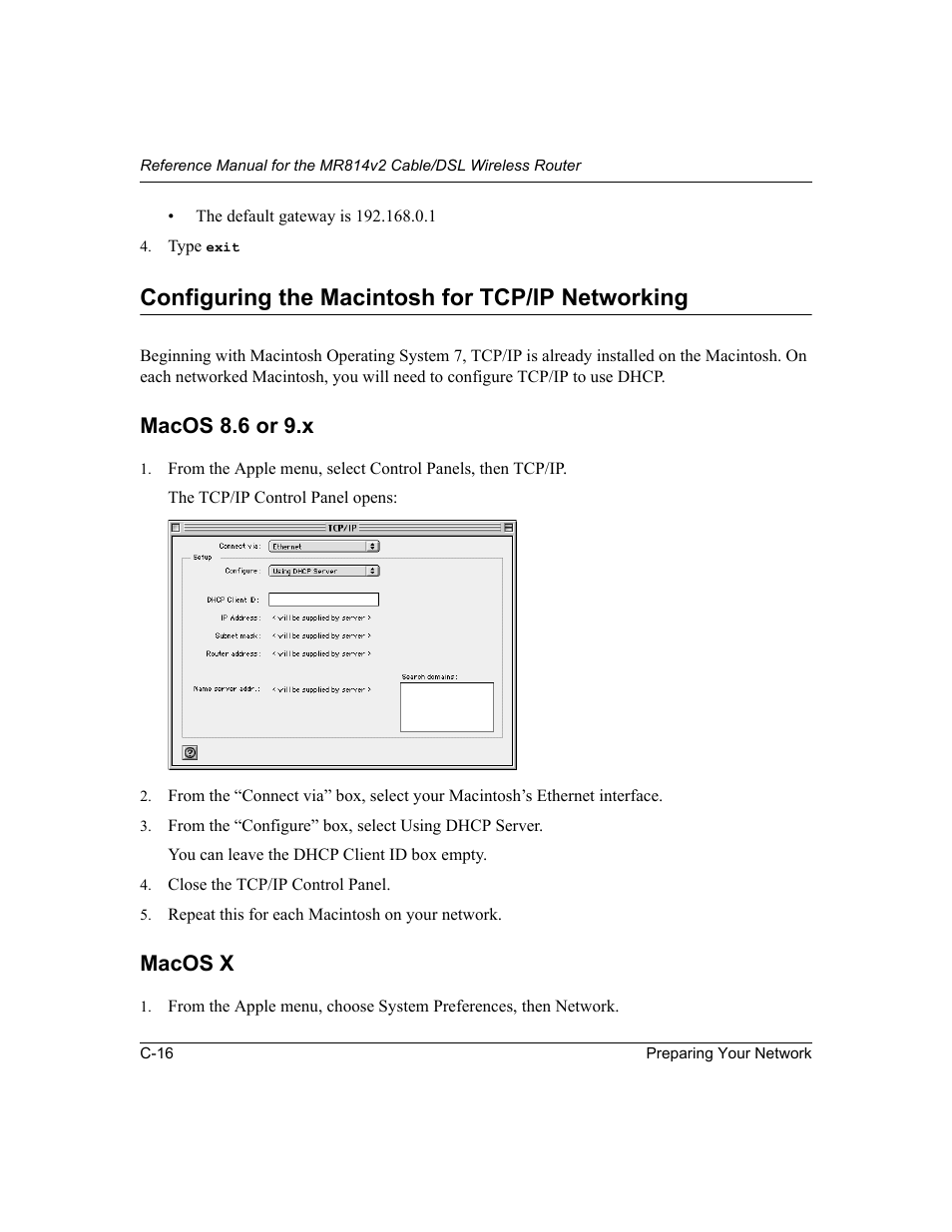 Configuring the macintosh for tcp/ip networking, Macos 8.6 or 9.x, Macos x | NETGEAR MR814v2 User Manual | Page 120 / 142