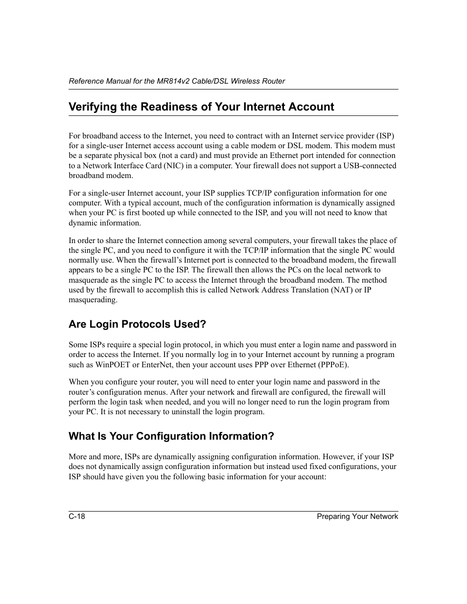 Verifying the readiness of your internet account, Are login protocols used, What is your configuration information | NETGEAR MR814v2 User Manual | Page 122 / 142