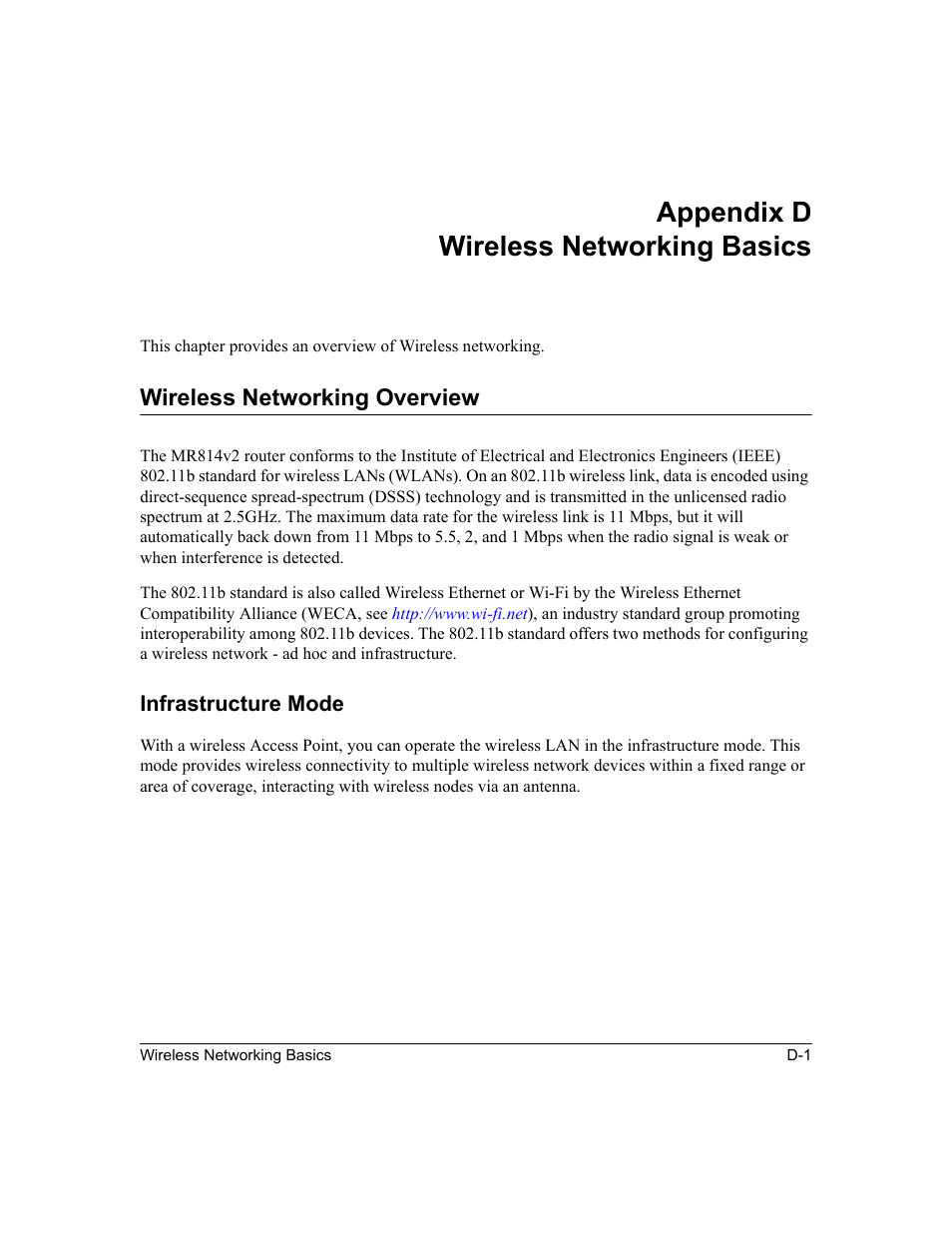 Appendix d wireless networking basics, Wireless networking overview, Infrastructure mode | Appendix d, Wireless networking basics, Appendix d, “wireless networking, Basics | NETGEAR MR814v2 User Manual | Page 127 / 142