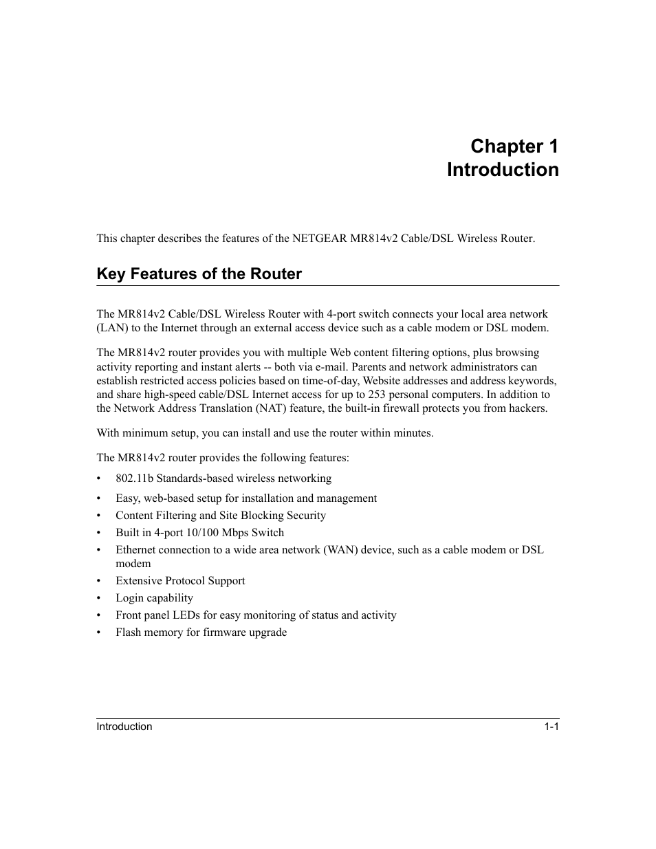 Chapter 1 introduction, Key features of the router, Chapter 1 | Introduction, Key features of the router -1 | NETGEAR MR814v2 User Manual | Page 13 / 142