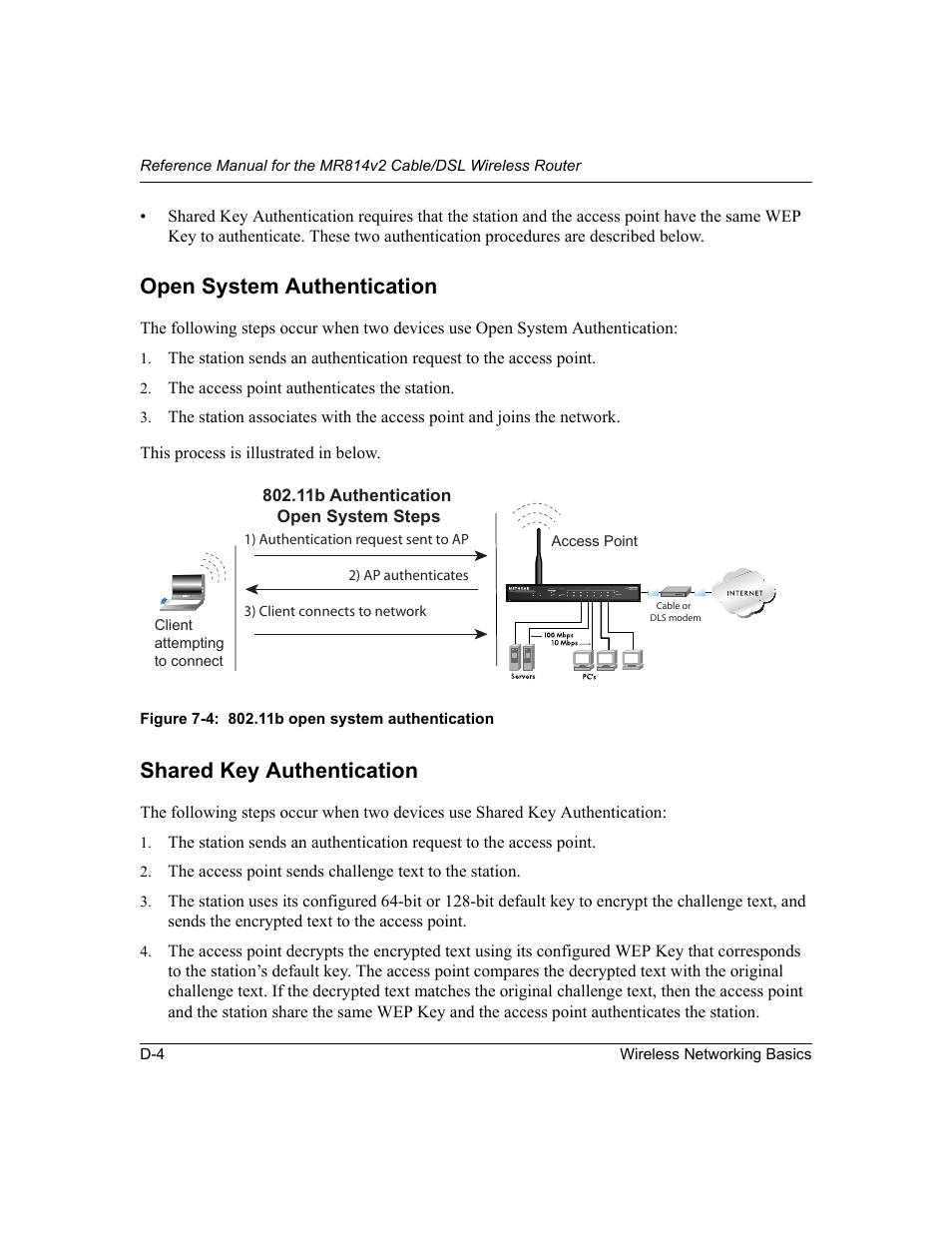 Open system authentication, Shared key authentication | NETGEAR MR814v2 User Manual | Page 130 / 142