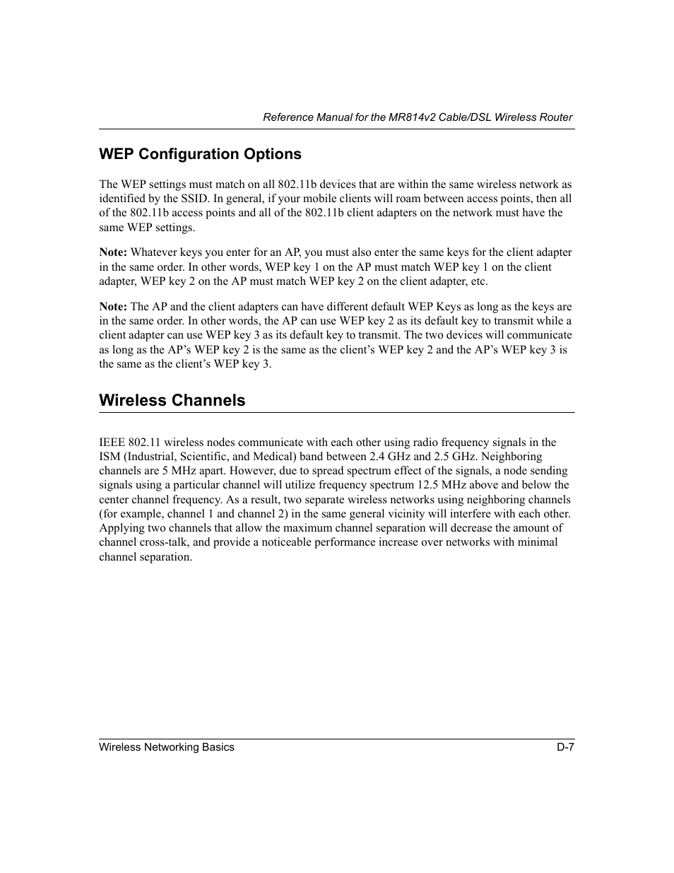 Wep configuration options, Wireless channels, Wireless | NETGEAR MR814v2 User Manual | Page 133 / 142