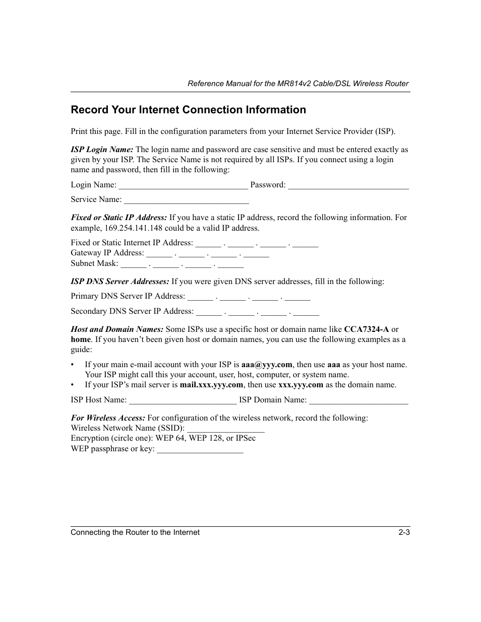 Record your internet connection information, Record your internet connection information -3 | NETGEAR MR814v2 User Manual | Page 23 / 142