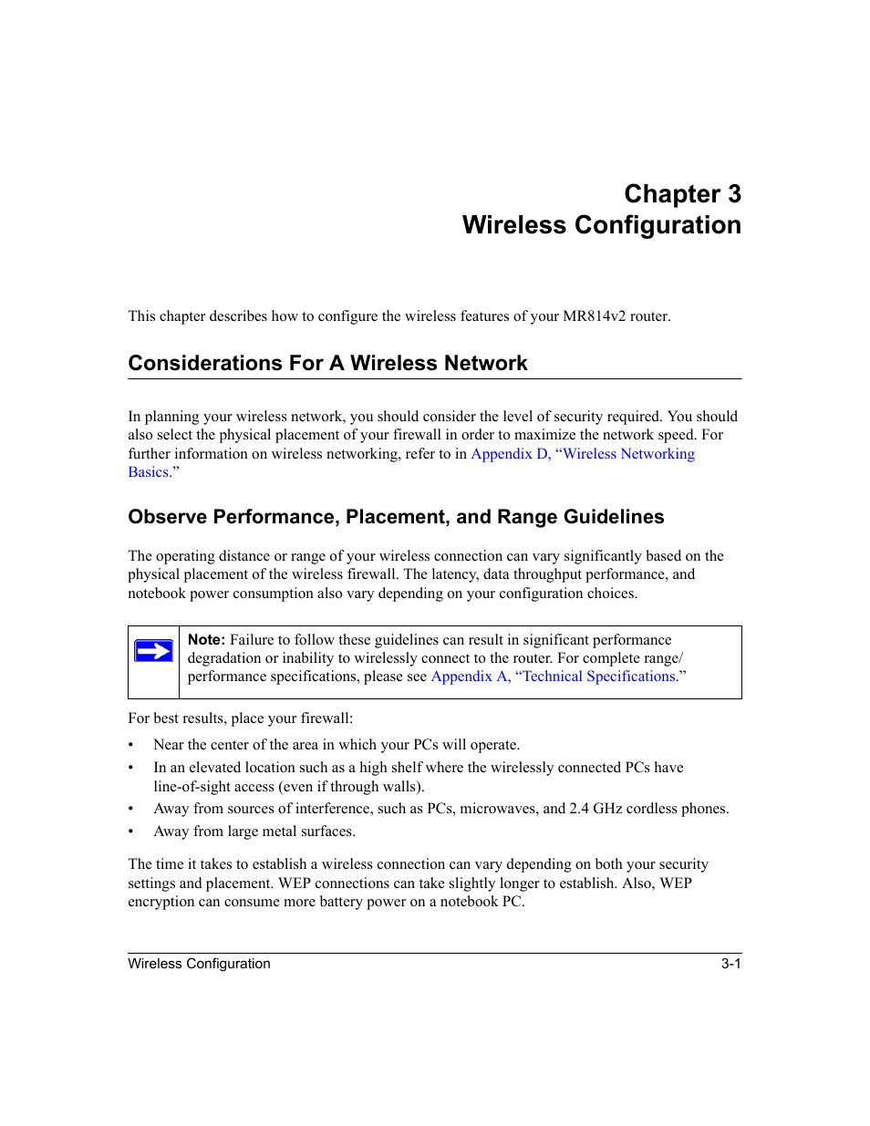Chapter 3 wireless configuration, Considerations for a wireless network, Chapter 3 | Wireless configuration, Considerations for a wireless network -1, Chapter 3, “wireless configuration | NETGEAR MR814v2 User Manual | Page 37 / 142