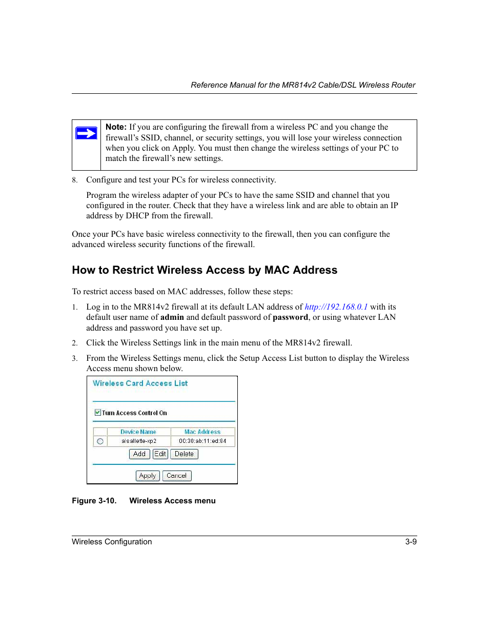 How to restrict wireless access by mac address, How to restrict wireless access by mac address -9 | NETGEAR MR814v2 User Manual | Page 45 / 142