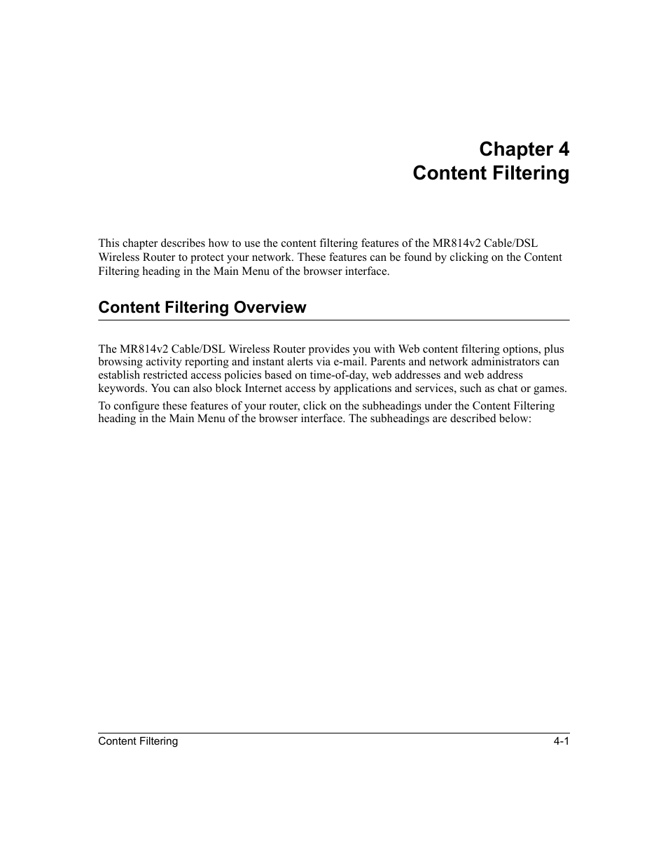 Chapter 4 content filtering, Content filtering overview, Chapter 4 | Content filtering, Content filtering overview -1 | NETGEAR MR814v2 User Manual | Page 49 / 142