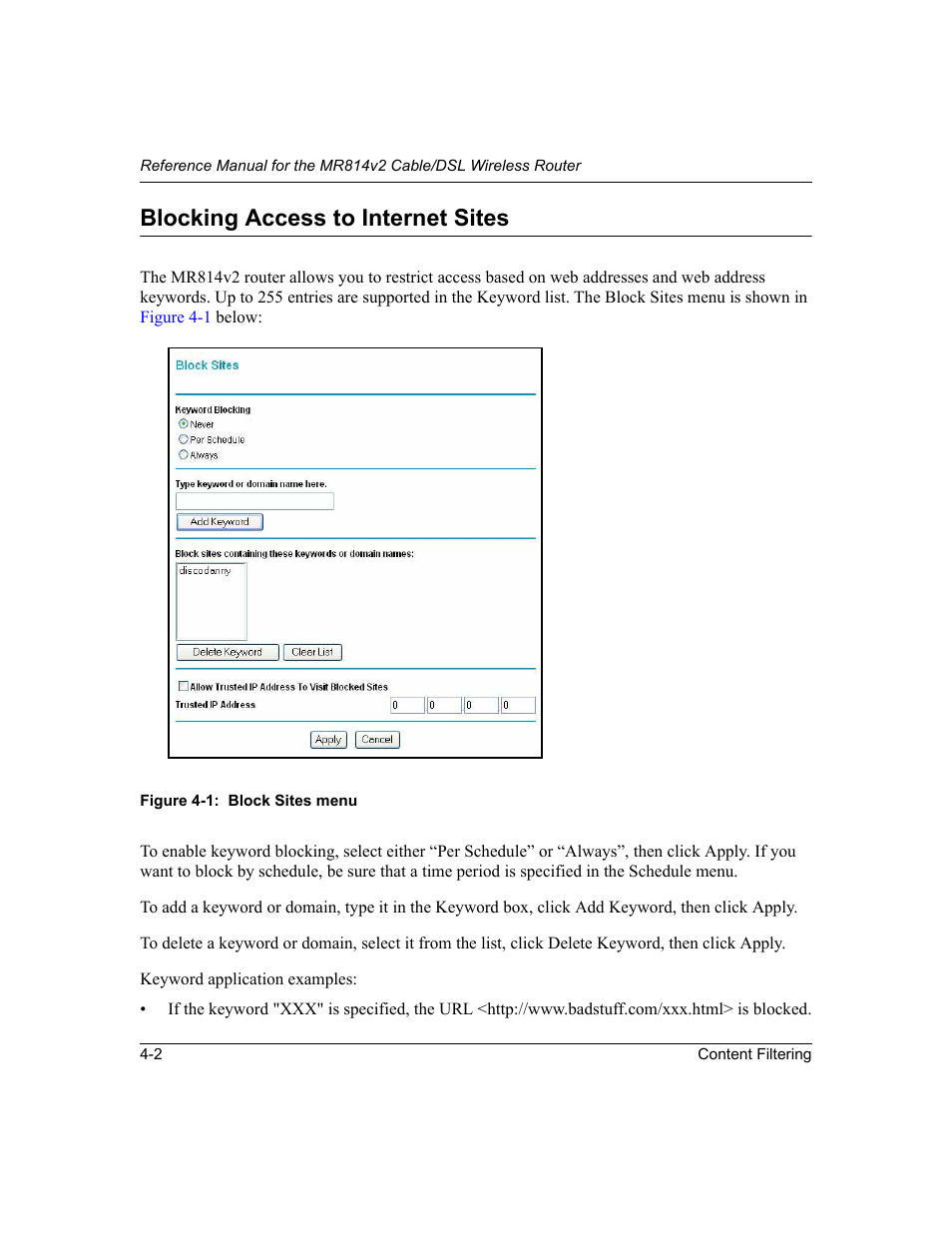 Blocking access to internet sites, Blocking access to internet sites -2 | NETGEAR MR814v2 User Manual | Page 50 / 142