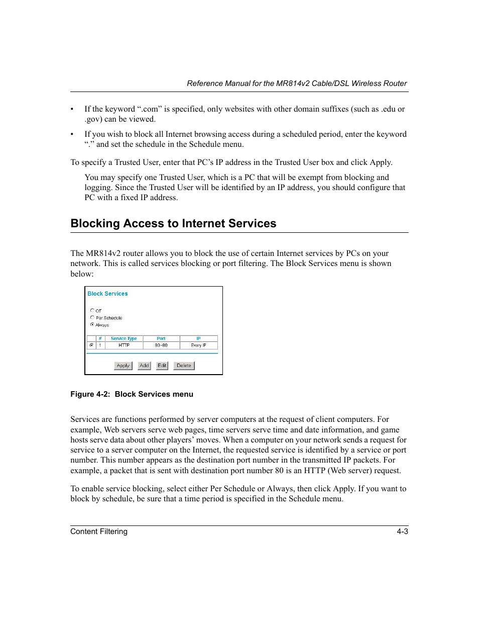 Blocking access to internet services, Blocking access to internet services -3 | NETGEAR MR814v2 User Manual | Page 51 / 142