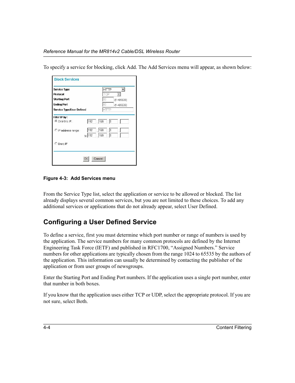 Configuring a user defined service, Configuring a user defined service -4 | NETGEAR MR814v2 User Manual | Page 52 / 142