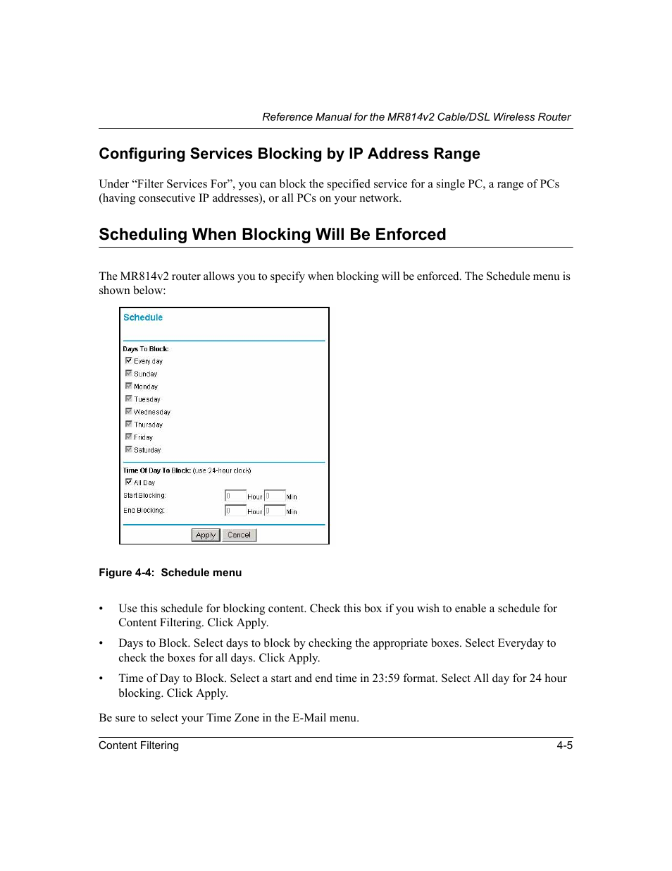 Configuring services blocking by ip address range, Scheduling when blocking will be enforced, Scheduling when blocking will be enforced -5 | NETGEAR MR814v2 User Manual | Page 53 / 142