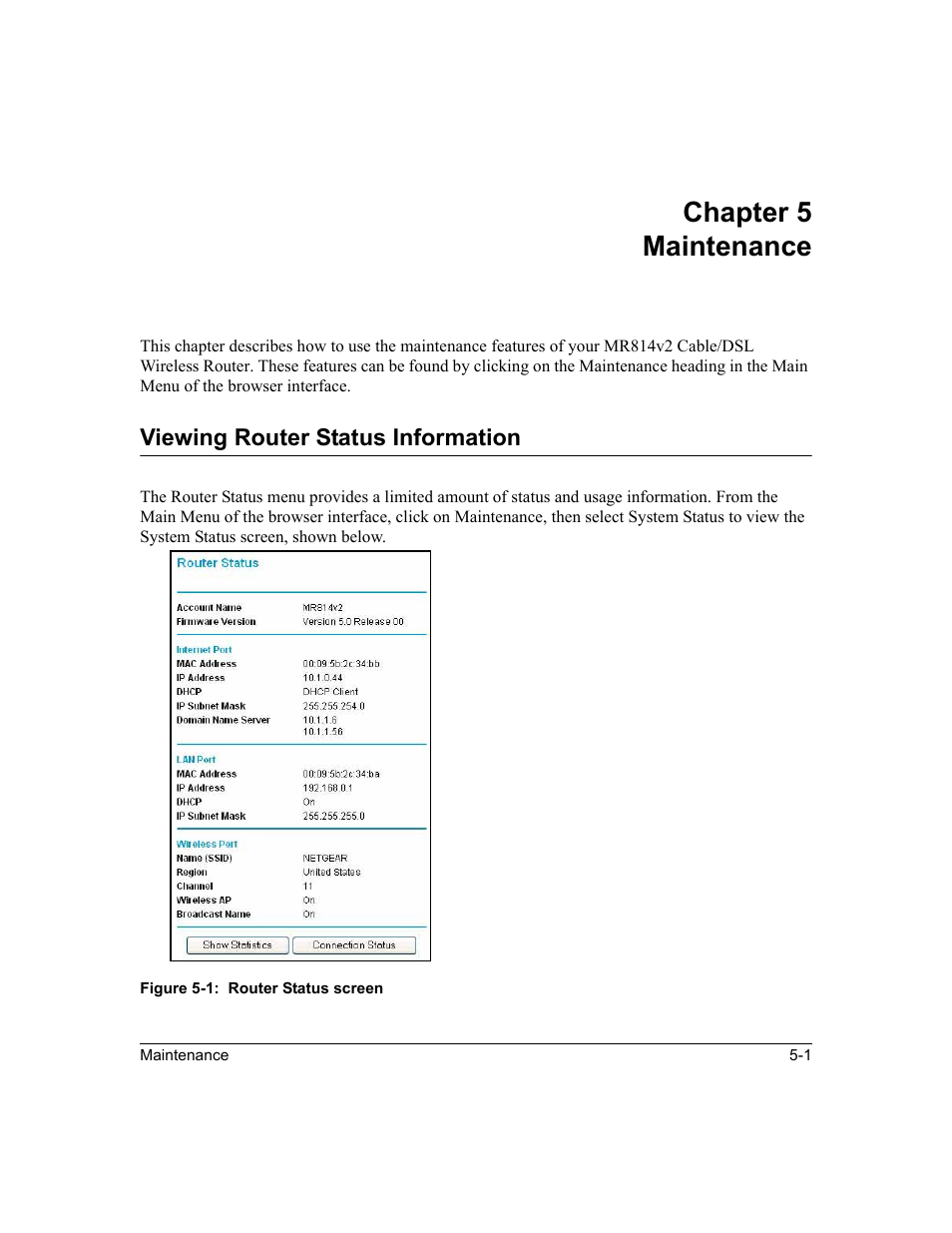 Chapter 5 maintenance, Viewing router status information, Chapter 5 | Maintenance, Viewing router status information -1 | NETGEAR MR814v2 User Manual | Page 57 / 142