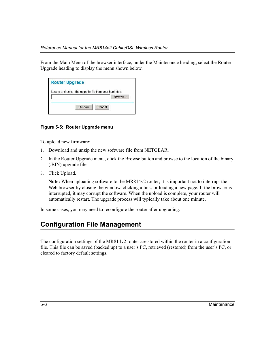 Configuration file management, Configuration file management -6 | NETGEAR MR814v2 User Manual | Page 62 / 142