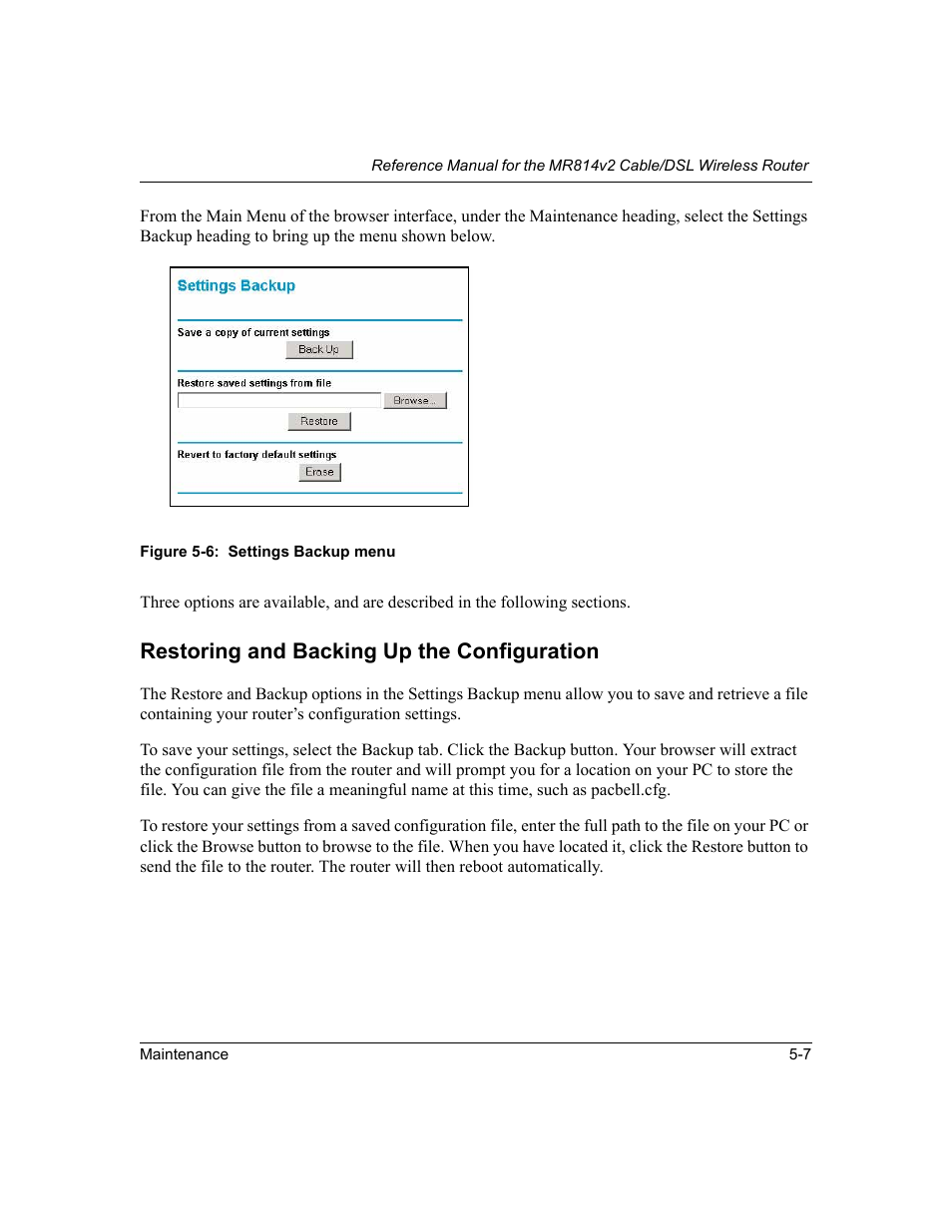 Restoring and backing up the configuration, Restoring and backing up the configuration -7 | NETGEAR MR814v2 User Manual | Page 63 / 142