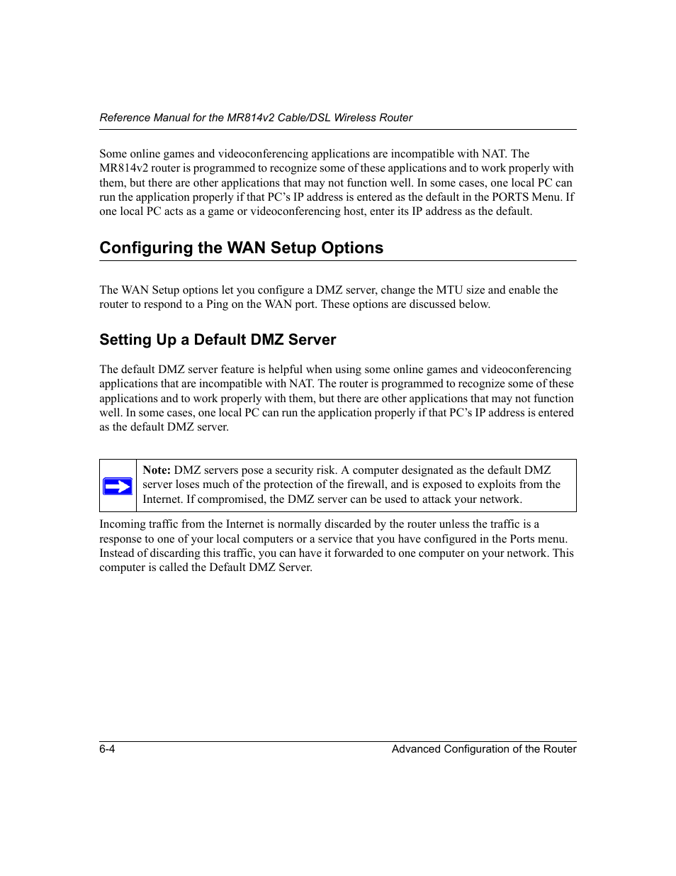 Configuring the wan setup options, Setting up a default dmz server, Configuring the wan setup options -4 | Setting up a default dmz server -4 | NETGEAR MR814v2 User Manual | Page 68 / 142