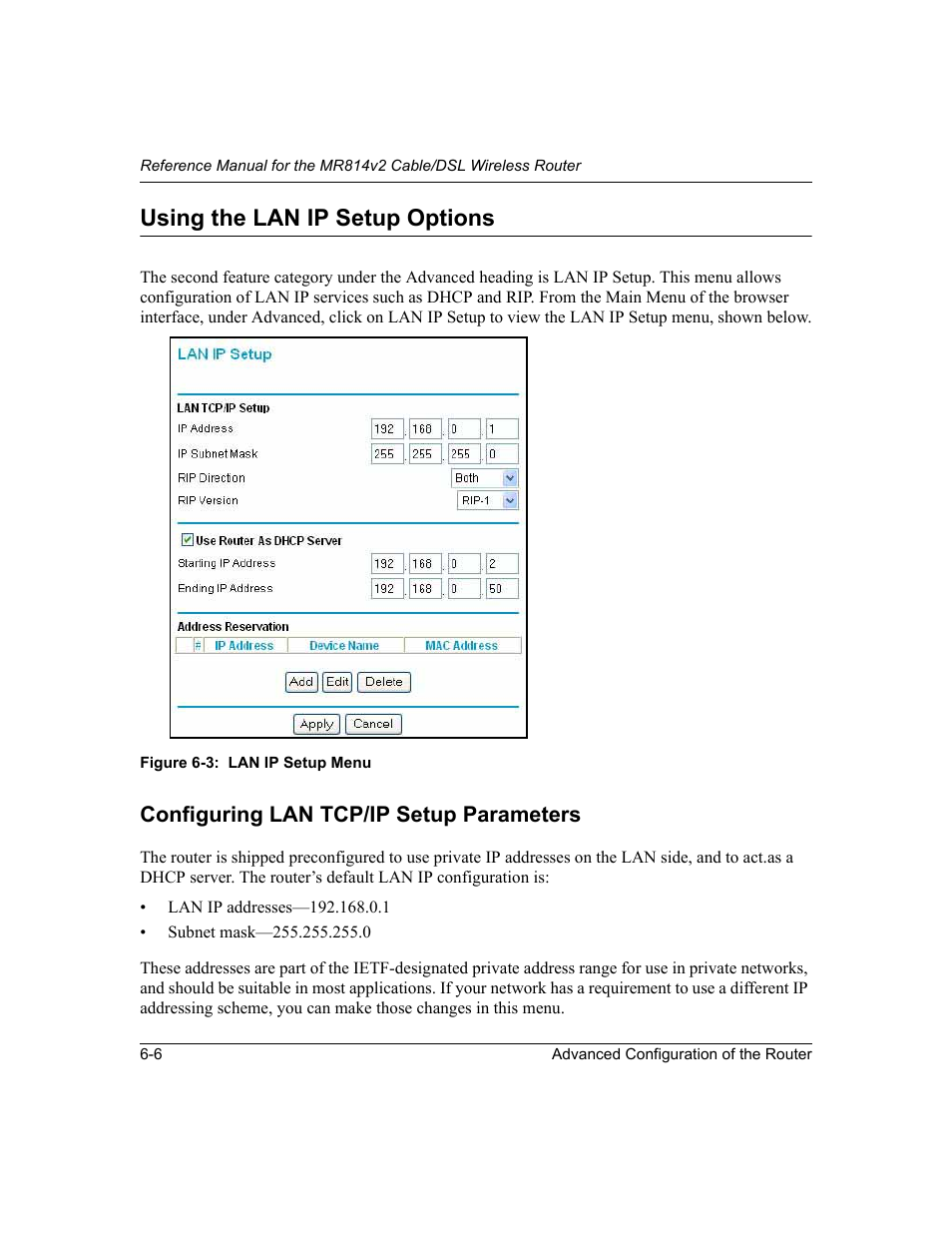 Using the lan ip setup options, Configuring lan tcp/ip setup parameters, Using the lan ip setup options -6 | Configuring lan tcp/ip setup parameters -6 | NETGEAR MR814v2 User Manual | Page 70 / 142