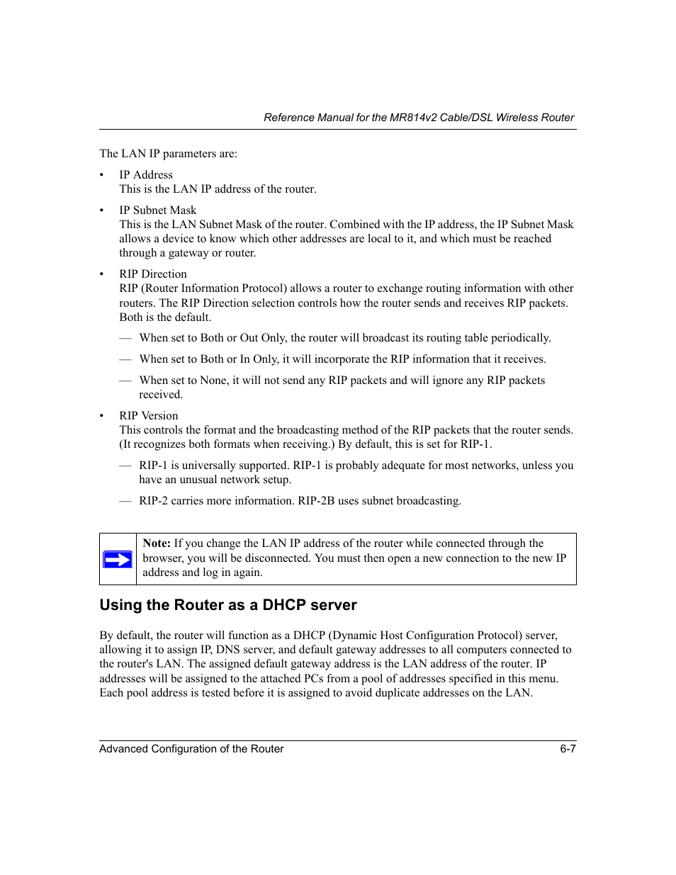 Using the router as a dhcp server, Using the router as a dhcp server -7 | NETGEAR MR814v2 User Manual | Page 71 / 142