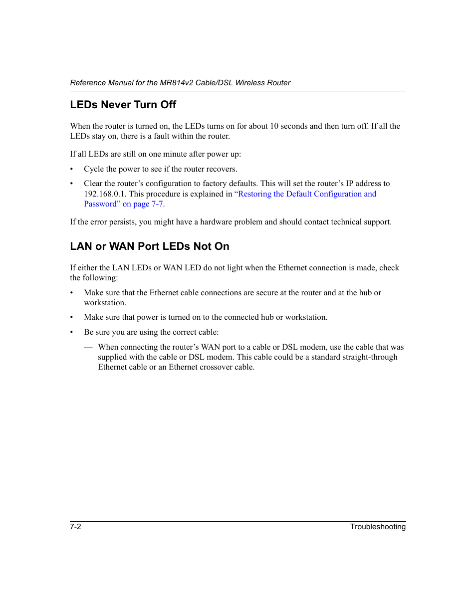 Leds never turn off, Lan or wan port leds not on | NETGEAR MR814v2 User Manual | Page 82 / 142