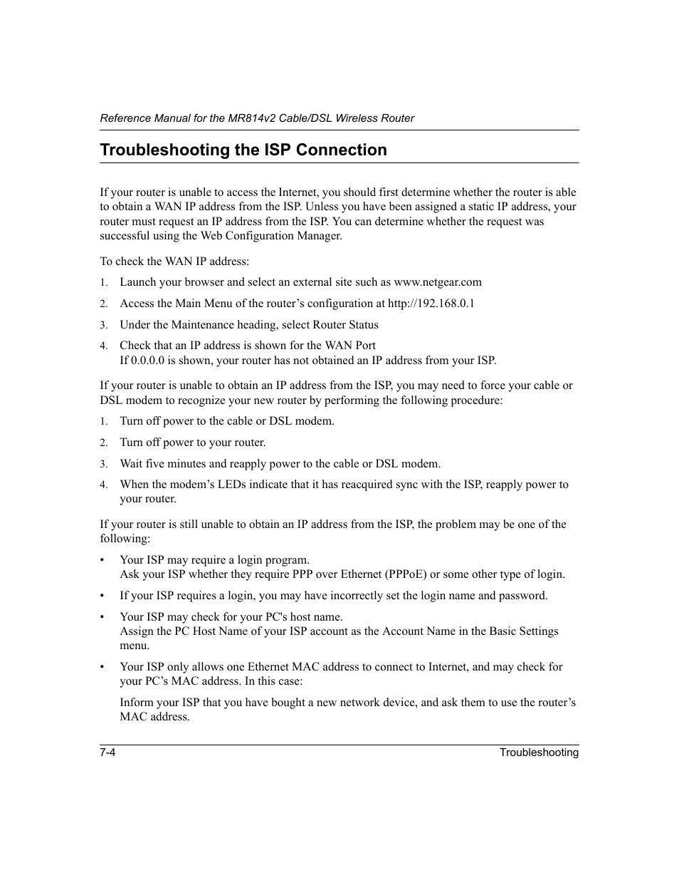 Troubleshooting the isp connection, Troubleshooting the isp connection -4 | NETGEAR MR814v2 User Manual | Page 84 / 142