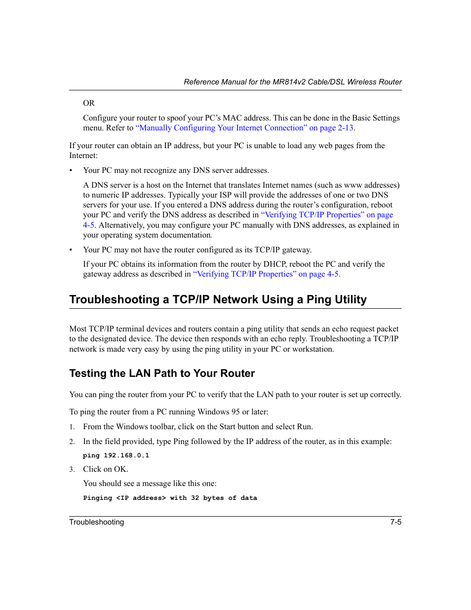 Testing the lan path to your router, Testing the lan path to your router -5 | NETGEAR MR814v2 User Manual | Page 85 / 142