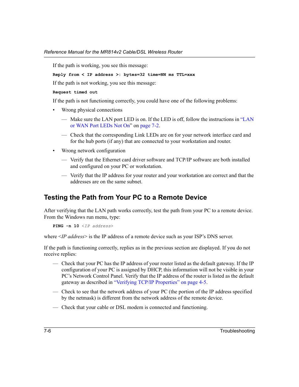 Testing the path from your pc to a remote device | NETGEAR MR814v2 User Manual | Page 86 / 142