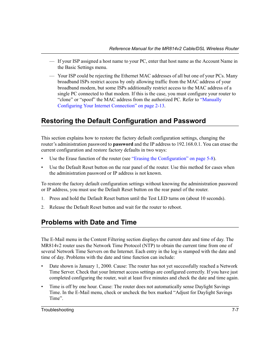 Restoring the default configuration and password, Problems with date and time, D in | Restoring the default configuration and | NETGEAR MR814v2 User Manual | Page 87 / 142