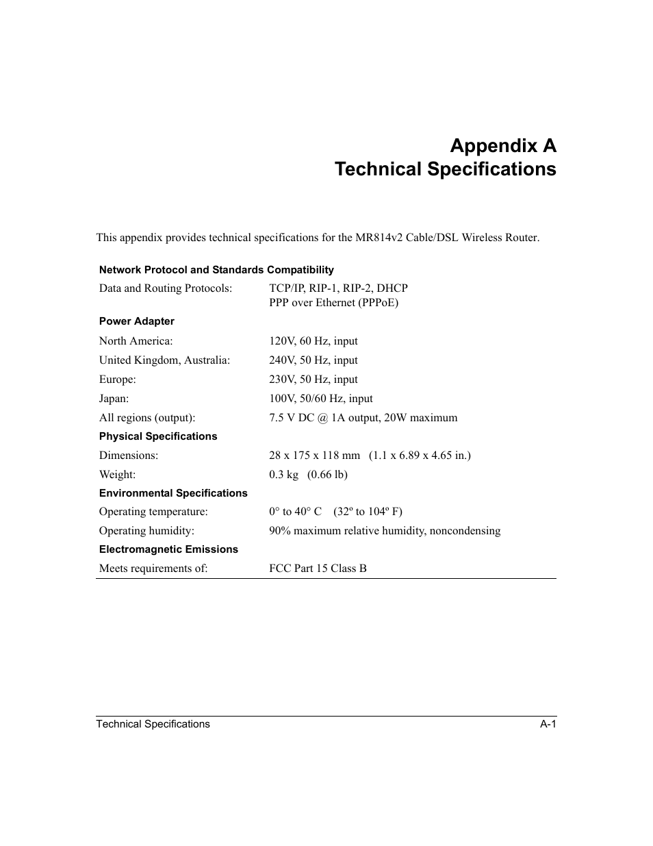 Appendix a technical specifications, Appendix a, Technical specifications | Appendix a, “technical specifications | NETGEAR MR814v2 User Manual | Page 89 / 142