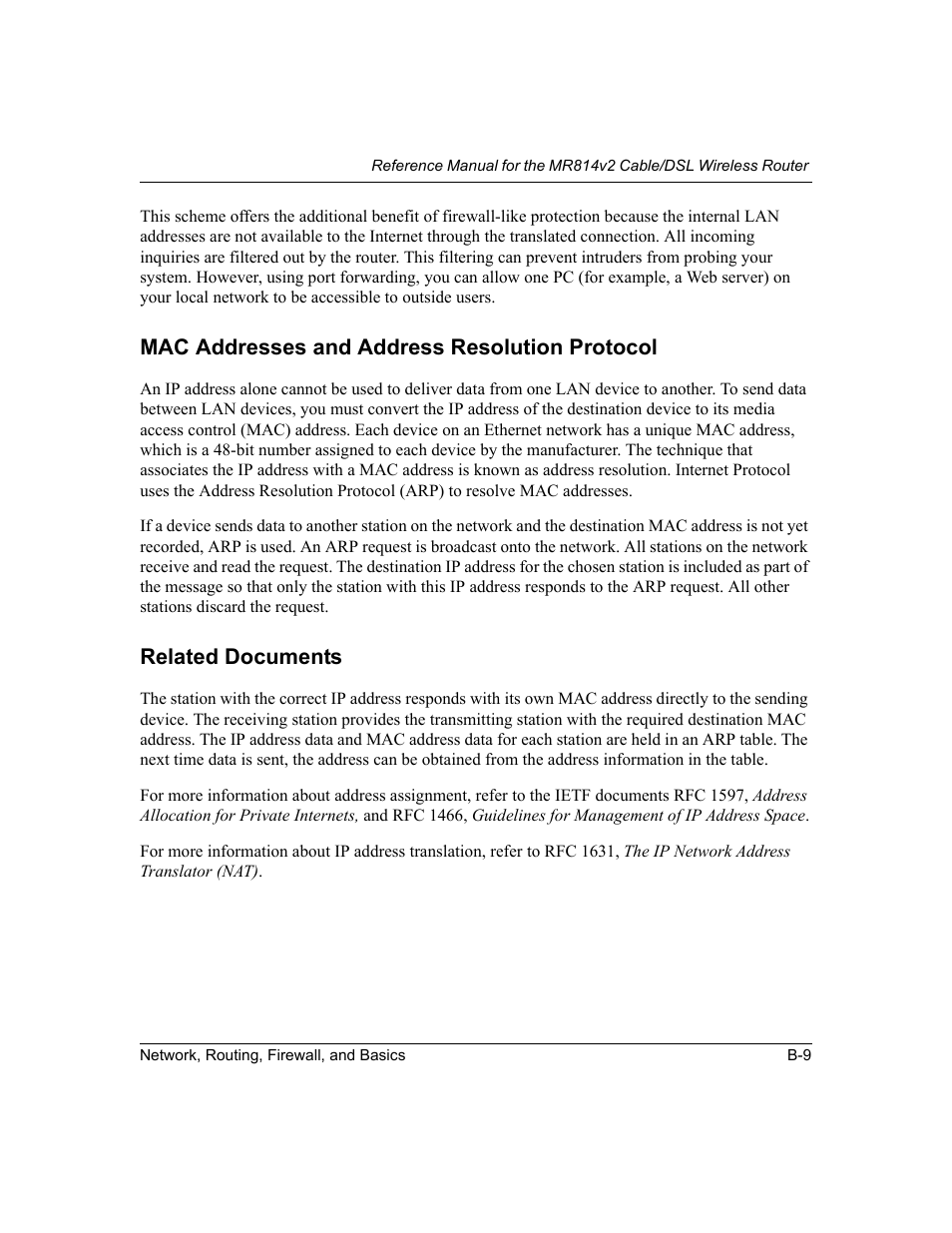 Mac addresses and address resolution protocol, Related documents | NETGEAR MR814v2 User Manual | Page 99 / 142