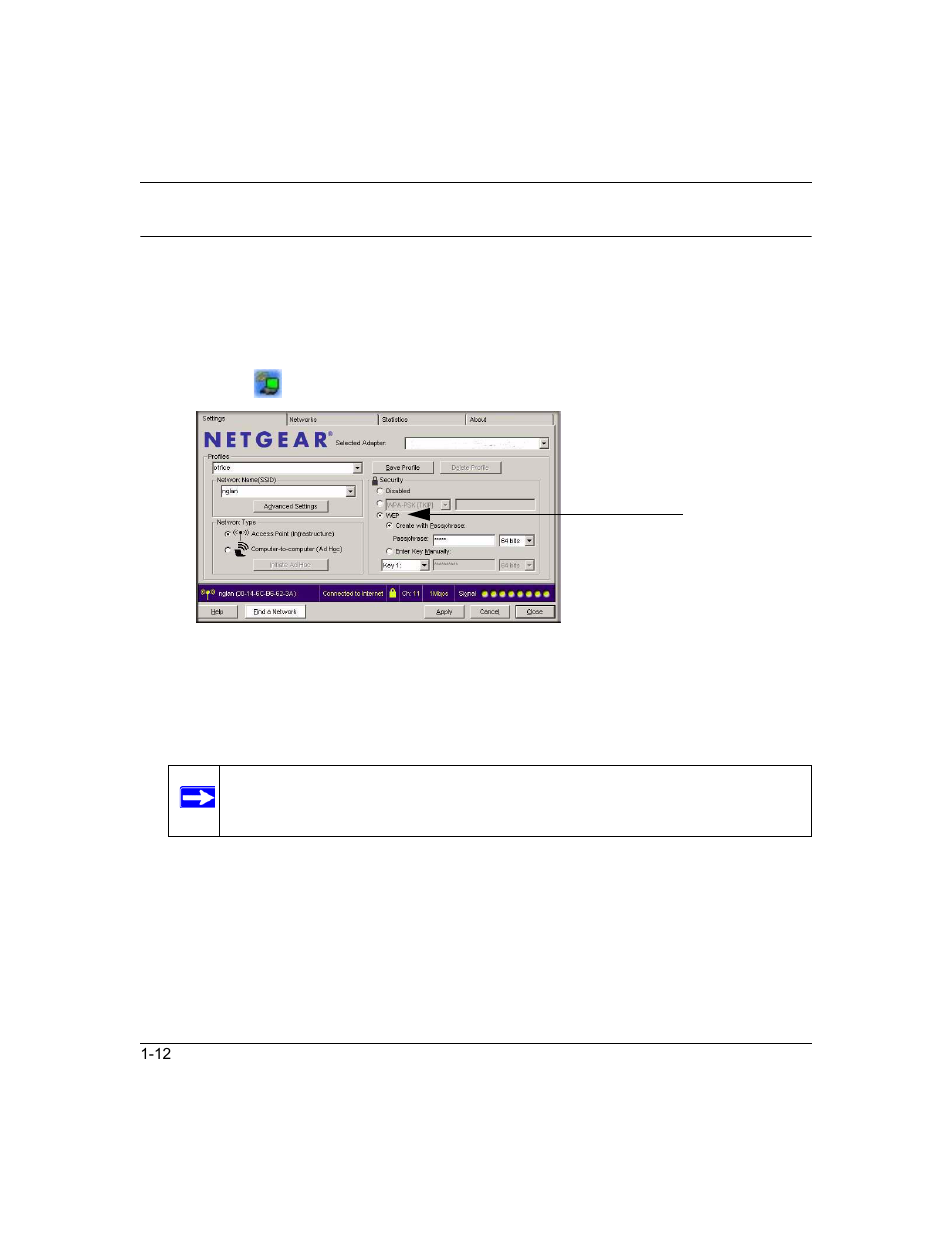 Setting up wep encryption security, Setting up wep encryption security -12 | NETGEAR RangeMax Next Wireless Notebook Adapter WN511T User Manual | Page 34 / 52