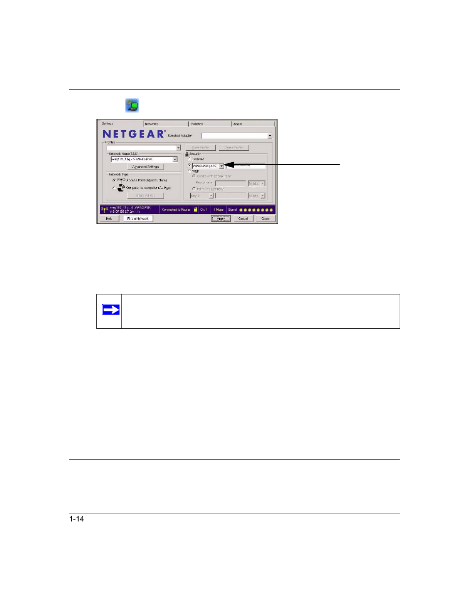 Setting up wpa-psk security, Setting up wpa-psk security -14 | NETGEAR RangeMax Next Wireless Notebook Adapter WN511T User Manual | Page 36 / 52