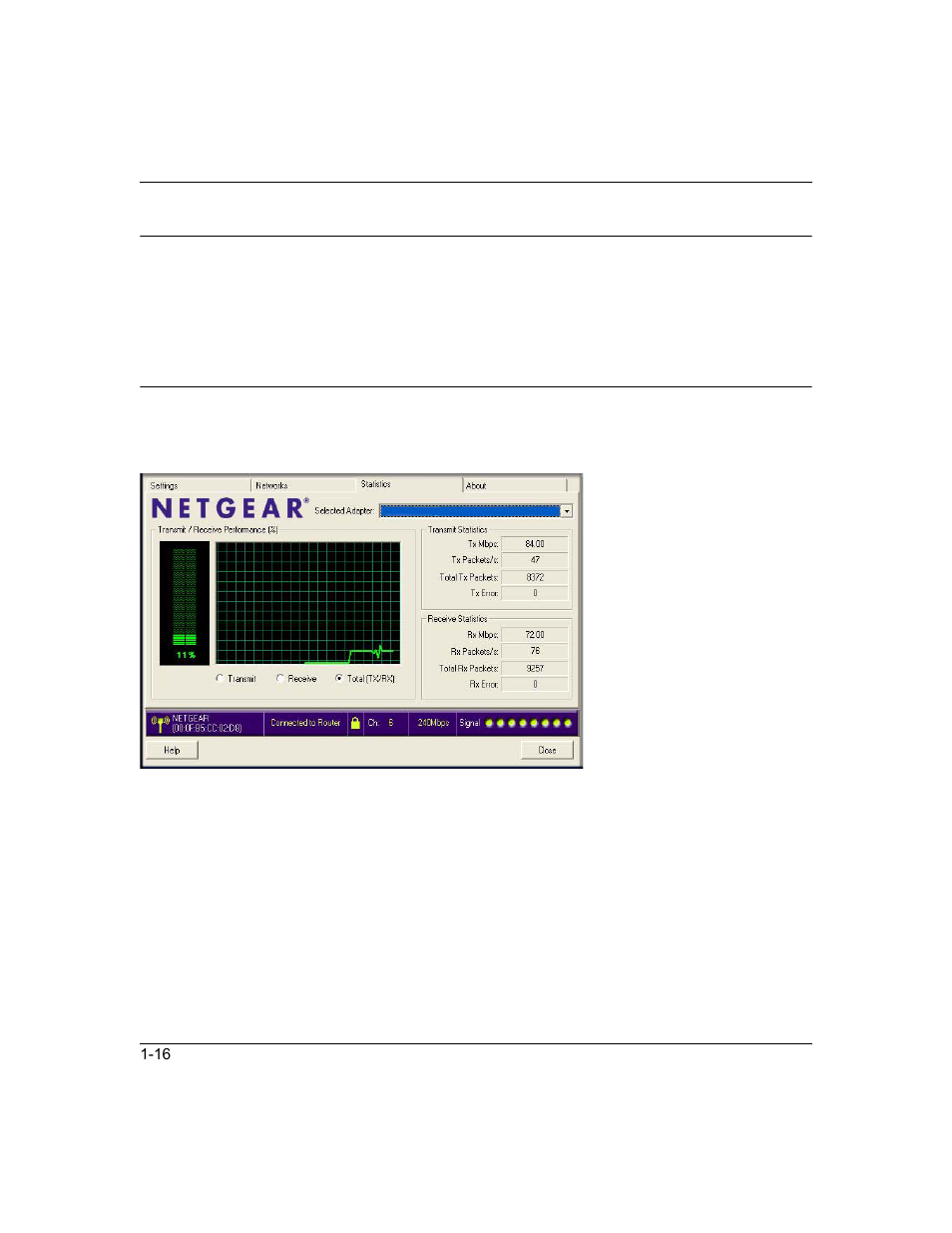 Advanced settings, Statistics page | NETGEAR RangeMax Next Wireless Notebook Adapter WN511T User Manual | Page 38 / 52